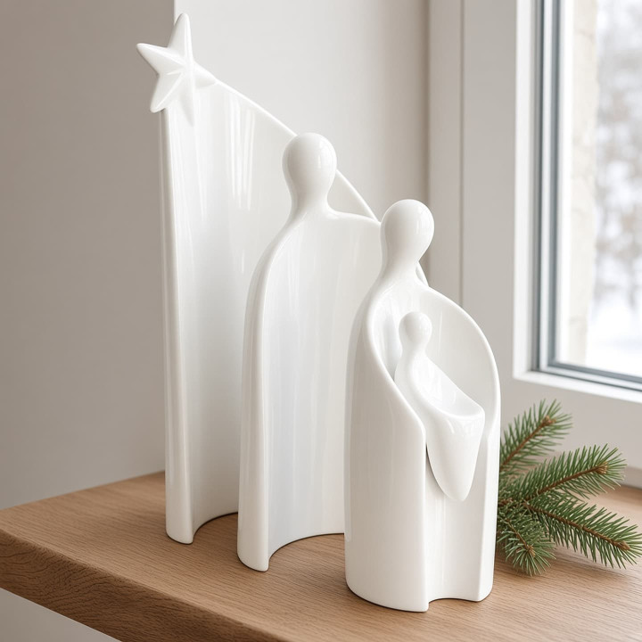Detailed view of contemporary polished glazed ceramic nativity