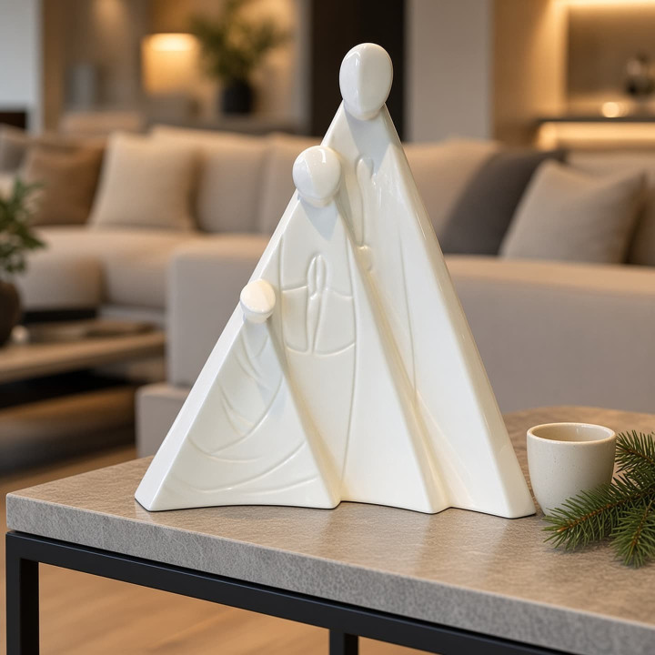 Abstract white glazed ceramic nativity scene focused view