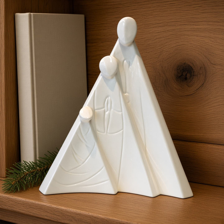 Presepe astratto ceramica smaltata bianca vista inquadrata