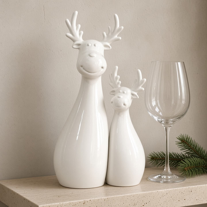 Pair of white ceramic Christmas reindeer front view