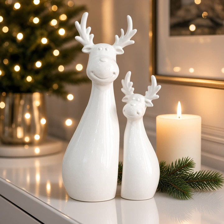 Set of white glazed ceramic Christmas reindeer