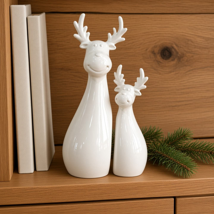 White high gloss ceramic Christmas reindeer set