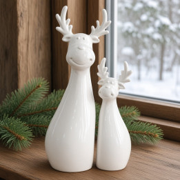 Par de renos de Navidad en ceramica blanca vista frontal
