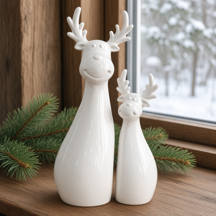 Paar Weihnachtsrentiere aus weisser Keramik von vorne gesehen