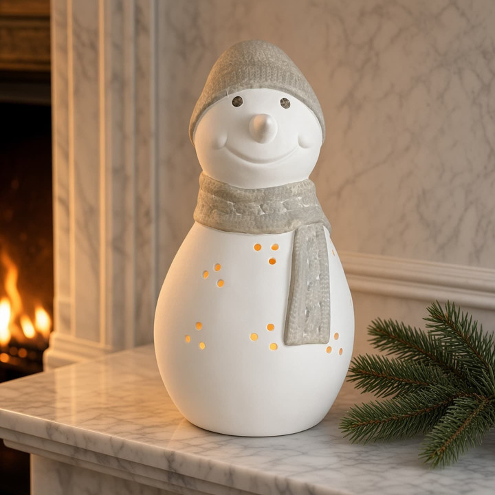 White gray ceramic snowman candle holder front view