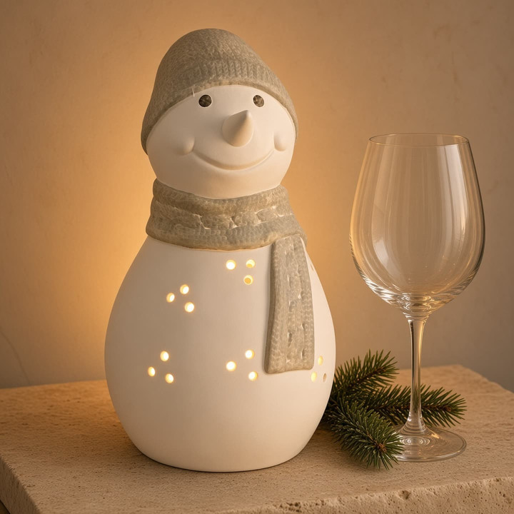 Vista detalle muneco de nieve portavelas ceramica gris