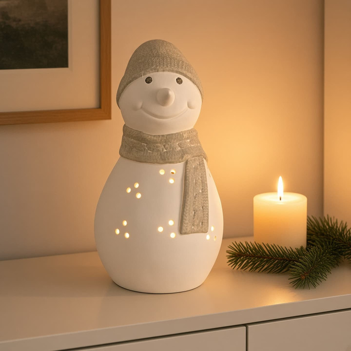 Schneemann Kerzenhalter aus Keramik in Weiss Matt