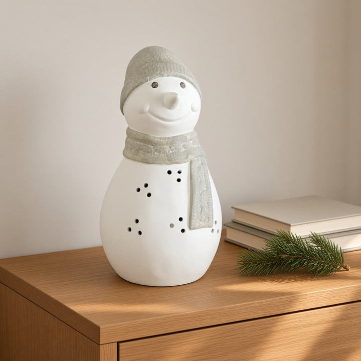 Perforated snowman candle holder on the sideboard