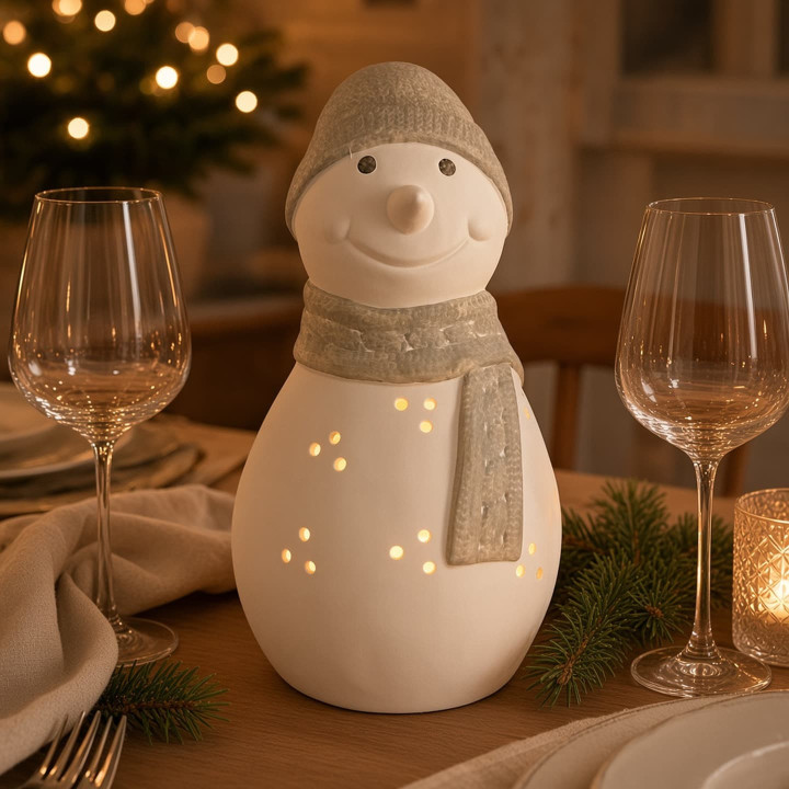 Teelichthalter als Schneemann aus weißer Keramik beleuchtet