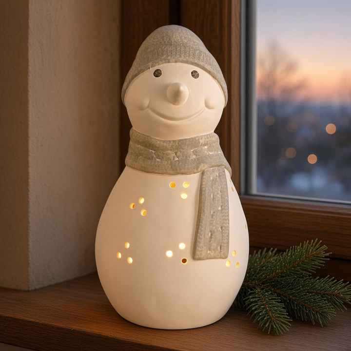 Matte white ceramic snowman candle holder