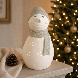 Bonhomme de neige photophore ceramique blanc gris vue face