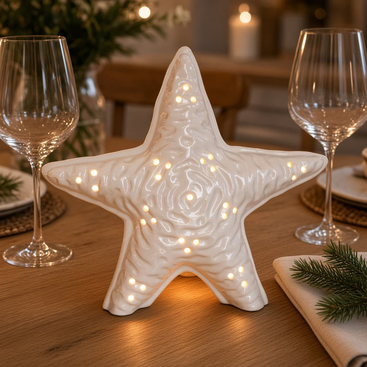 White ceramic starfish candle holder seen on table
