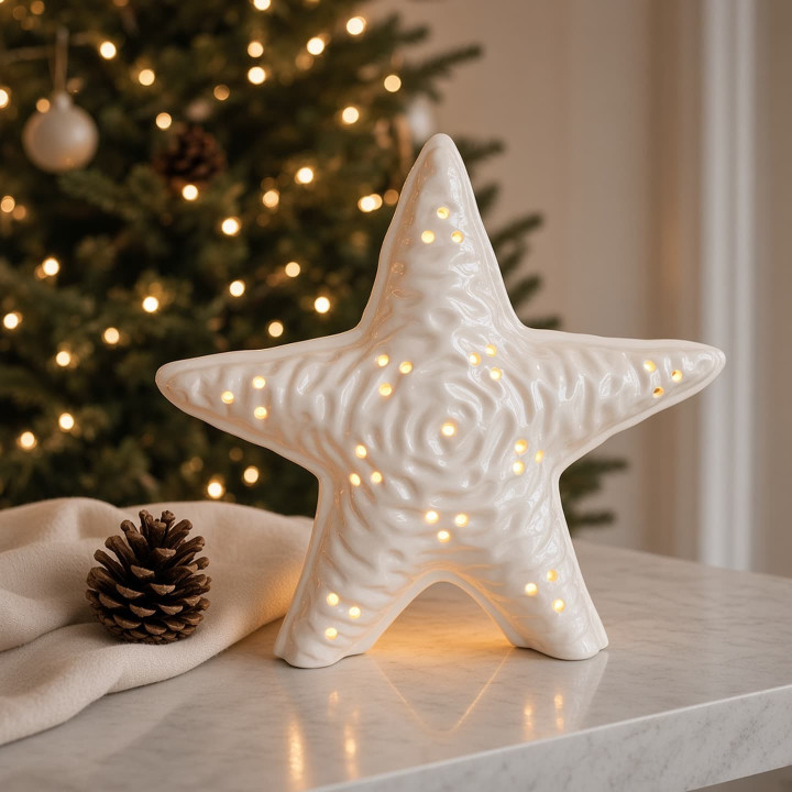 White perforated glazed ceramic starfish candle holder