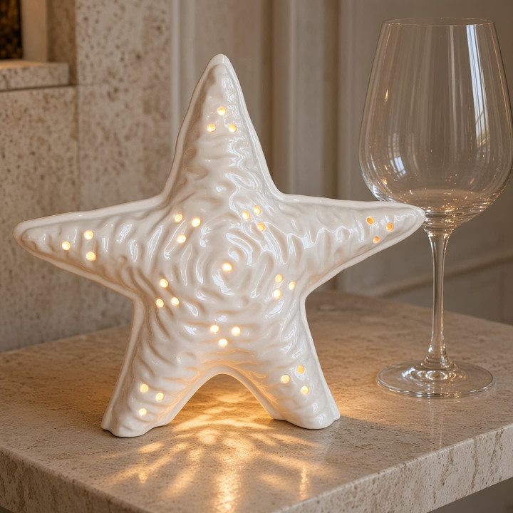 Detail view glazed white ceramic starfish candle holder