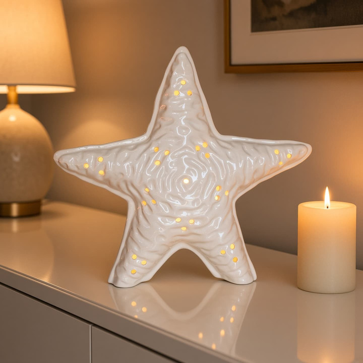 Photophore etoile de mer ceramique blanche brillante face