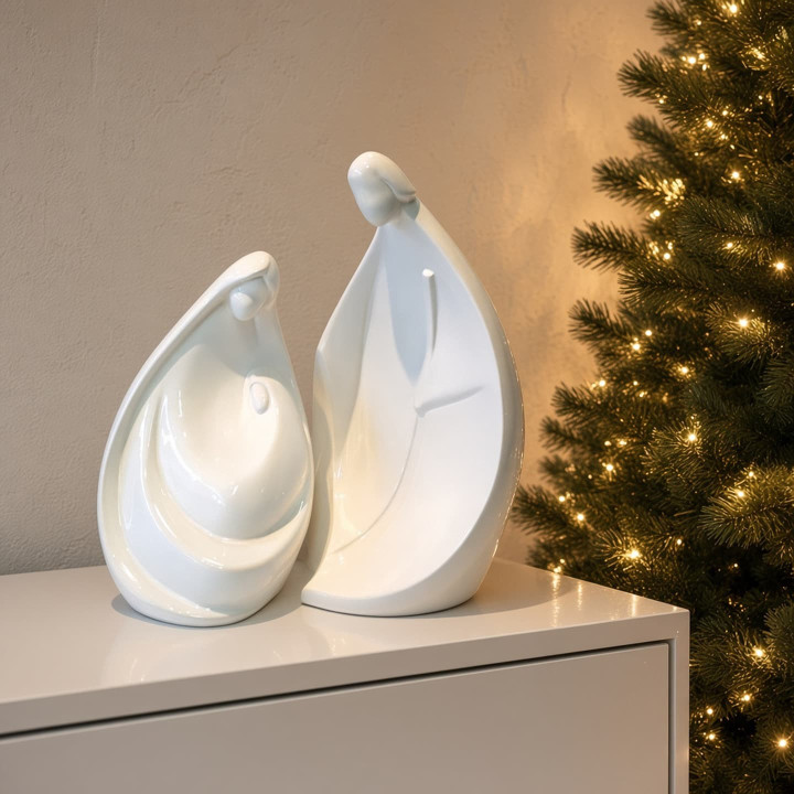 Contemporary white glazed ceramic nativity scene front view
