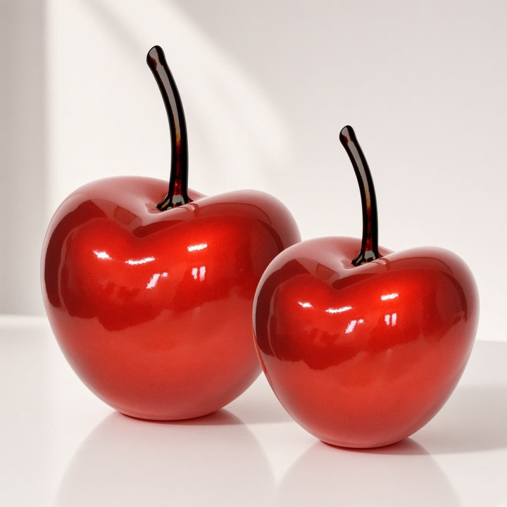 Pair of glossy red ceramic cherries front view