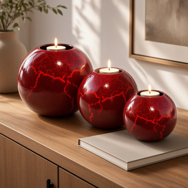 Set di portacandele sferici rossi in ceramica in linea