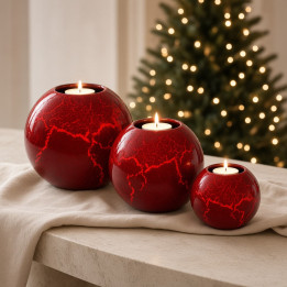 Red crackle ceramic spherical candle holders front view