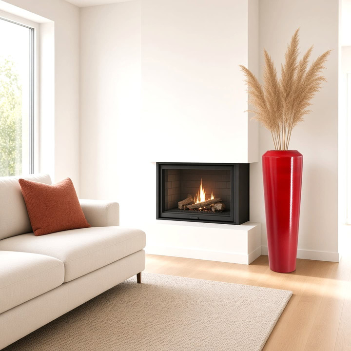 Jarrón grande de terracota en salón moderno vista chimenea