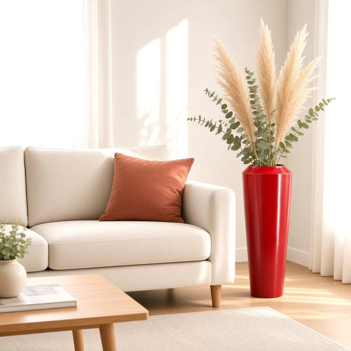 Rote XL Tonvase aus Terrakotta mit Pflanzen im Wohnzimmer