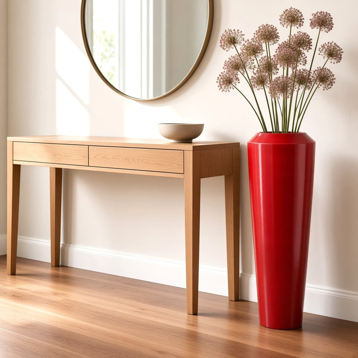 Vaso decorativo grande rosso con fiori vista frontale