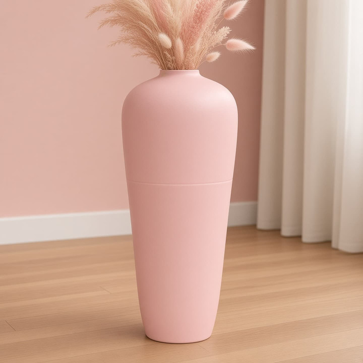 Bodenvase aus Terrakotta in Pastellrosa breite Ansicht