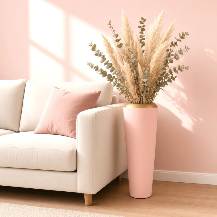 Vase solitaire rose pastel bord dore vue canape