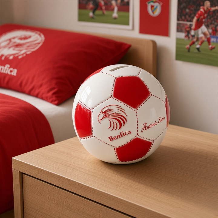 Hucha bola águilas de cerámica personalizada vista dormitorio