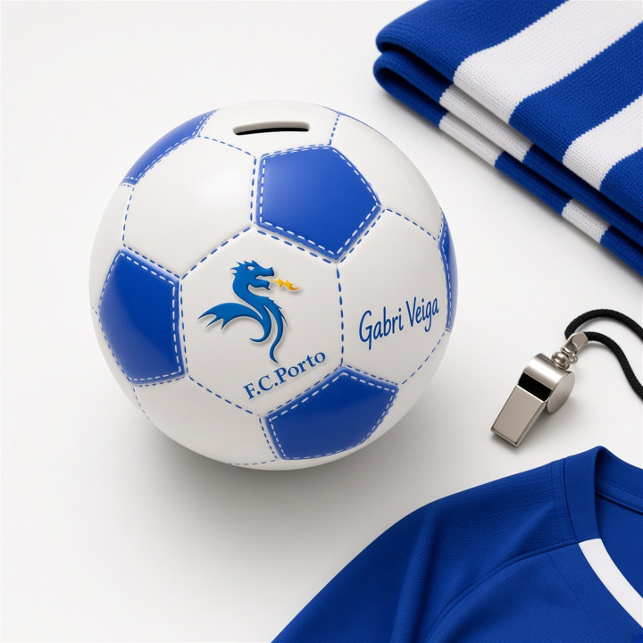 Hucha balón de fútbol Porto azul y blanco vista superior
