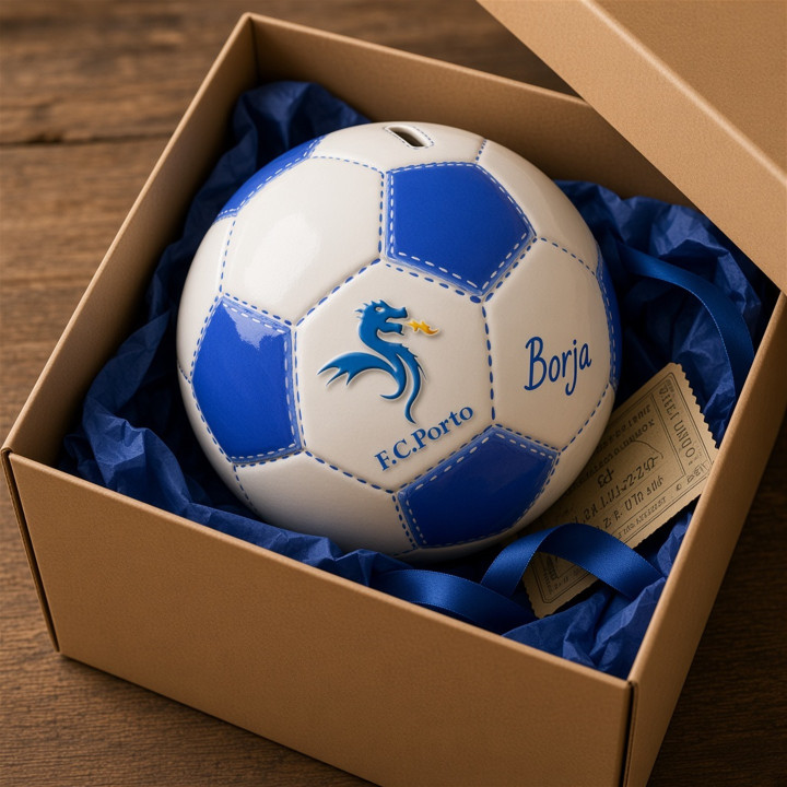 Sparschwein Ball Porto Keramik blau in Geschenkbox Ansicht