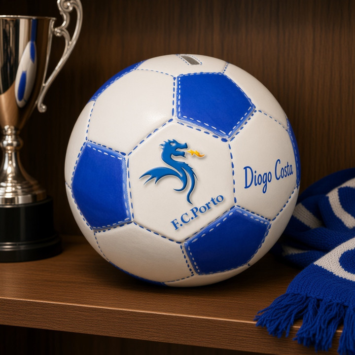 Hucha balon futbol Porto ceramica azul blanca vista trofeos