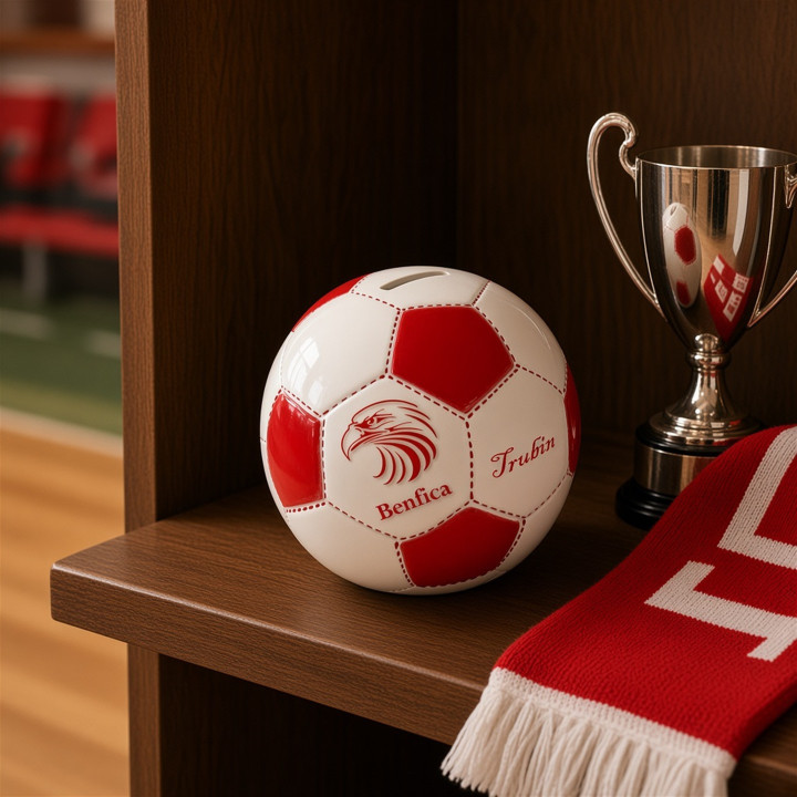 Tirelire balle Benfica ceramique rouge et blanche vue trophees