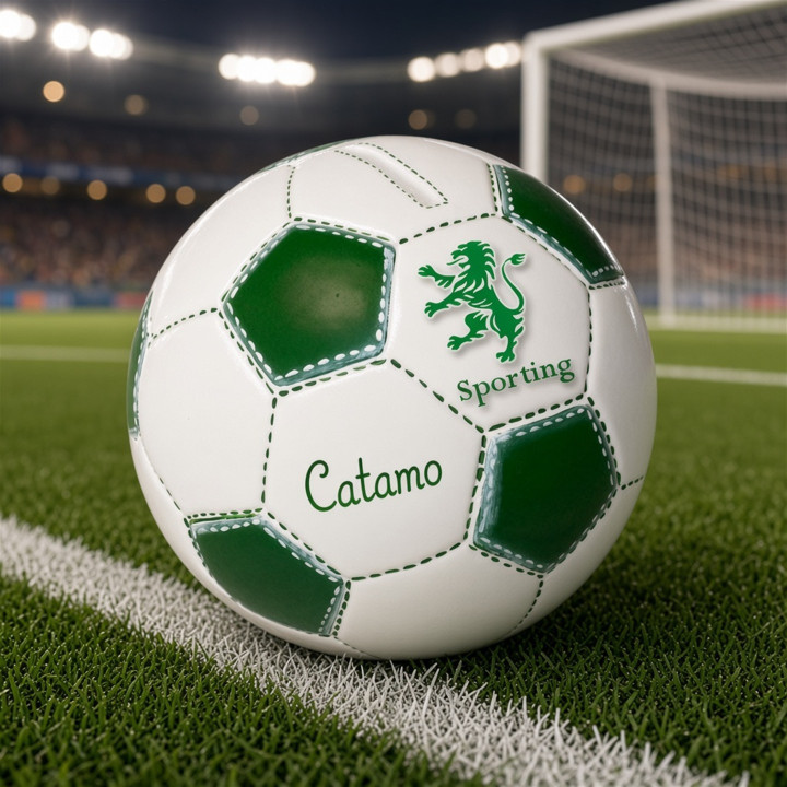 Salvadanaio palla Sporting verde e bianco ceramica vista frontale