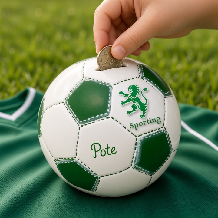 Hucha ceramica balon Sporting verde detalle moneda