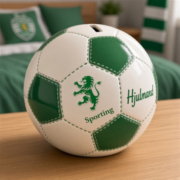 Sporting ball piggy bank white green ceramic front view