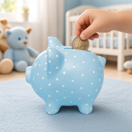 Blue piggy bank with white polka dots profile view