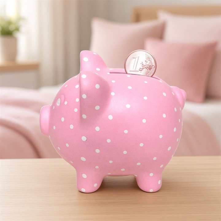 Hucha cerdito rosa con lunares blancos vista perfil