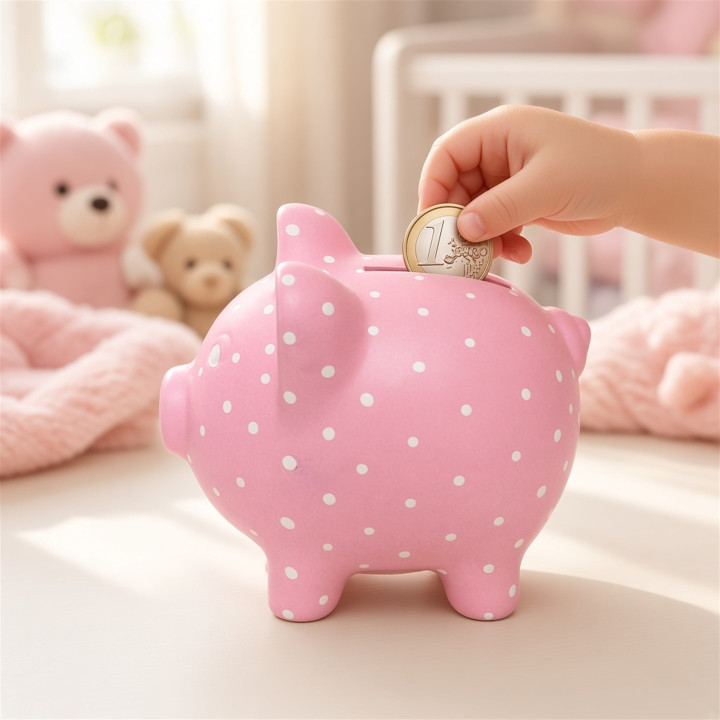 Hucha cerdito ceramica rosa con lunares blancos vista perfil