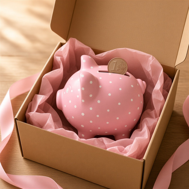 Rosa Sparschwein mit weissen Punkten in Box Profilansicht