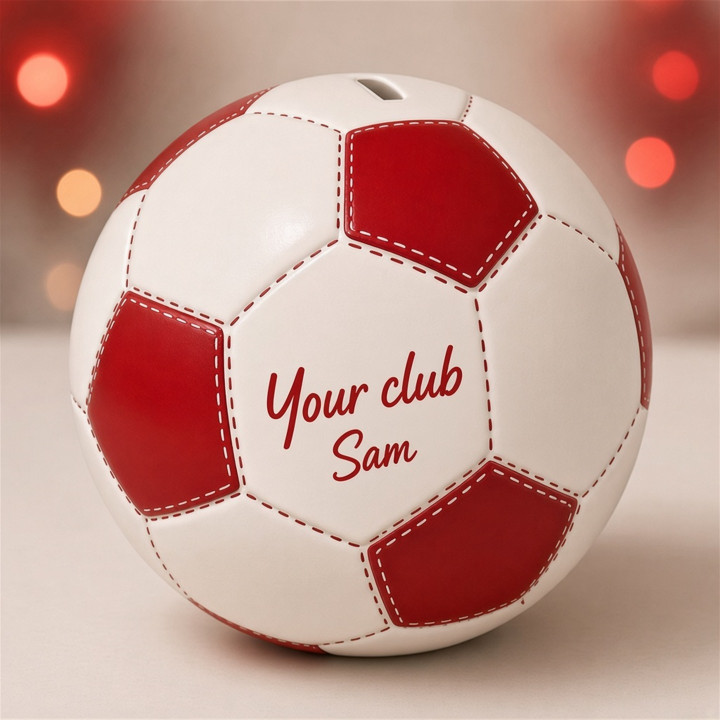 Red and white ceramic soccer ball piggy bank front view