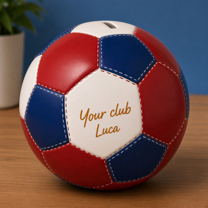 Hucha balon futbol ceramica azul y rojo vista frontal