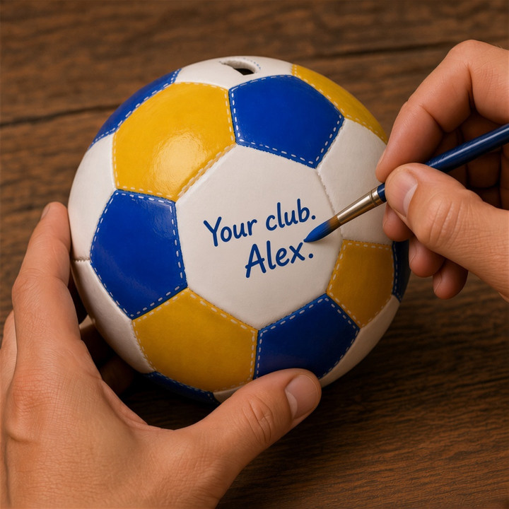 Salvadanaio pallone da calcio ceramica blu giallo pittura