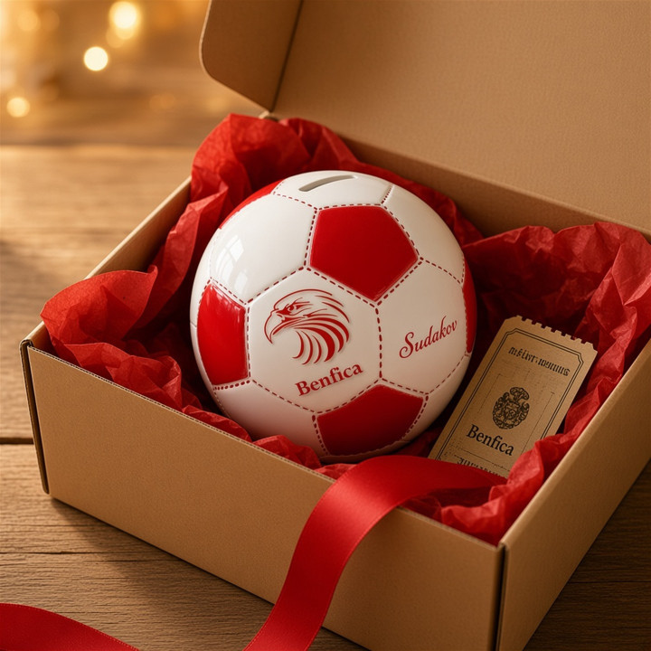 Personalisierte Spardose Fussballball rot und weiss Geschenkbox